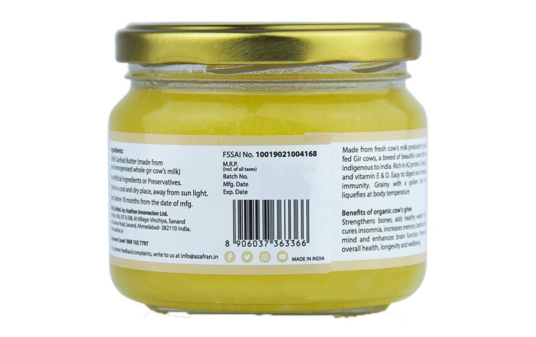 Azafran Grass Fed Gir Cow's Organic A2 Ghee   Glass Jar  275 millilitre